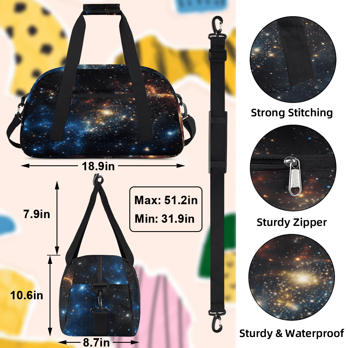 Herdesigns Galaxy Pattern Sports Duffle Bag for Women & Men, Space Gym Bag Dance Bag Overnight Bag Carry On Weekender Travel Bag