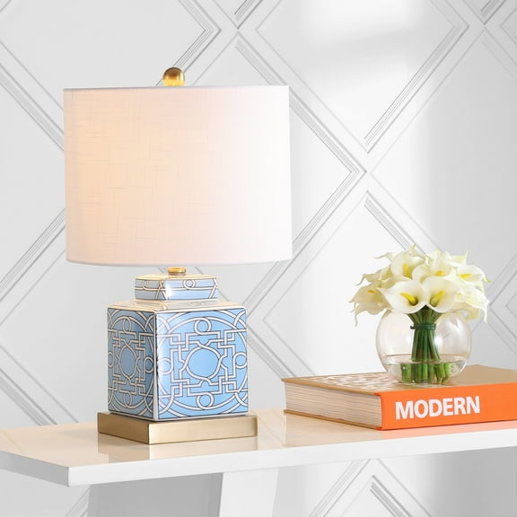 JONATHAN Y Catherine 22" Modern Transitional Ceramic/Metal Square Ginger Jar LED Table Lamp, Blue/White, JYL3044A