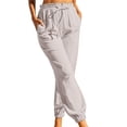 thumbnail image 1 of Pantalones de Lino de algodón Gibobby casuales cómodos sólidos con cintura elástica para mujer con bolsillos (Khaki, L), 1 of 5