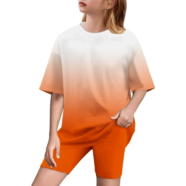 Plebaso Girls Clothes Summer Gradient Color 2 Piece Short Sleeve T-Shirts Biker Shorts Sets for Kids