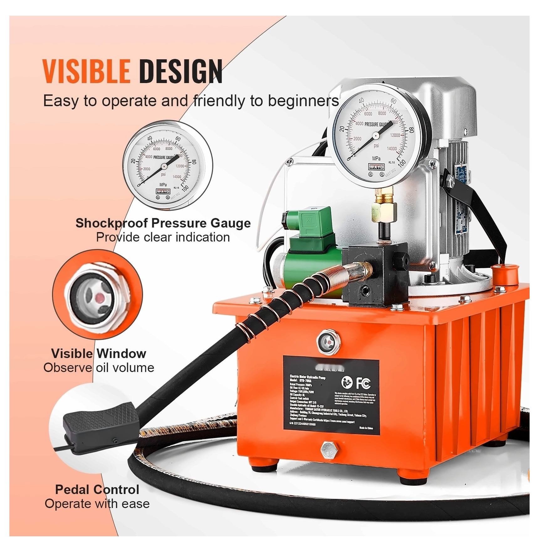 Electric Hydraulic Pump 10000 PSI 750W, 8L Capacity, Single Acting, 110V Power Pack with Pedal for Punching, Bending, Jack Machines - Extended Oil Reach