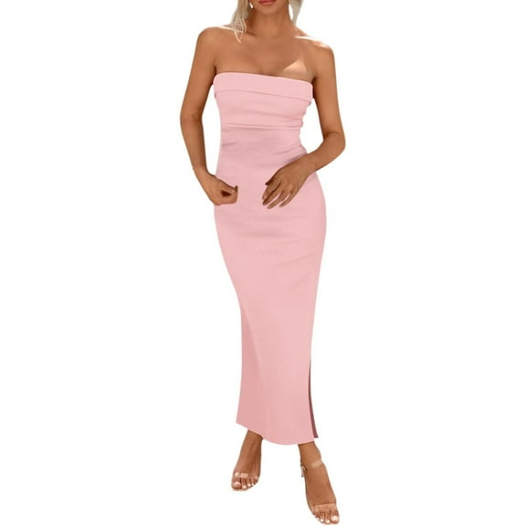 OSOLU Solid Color Women Maxi Dress Tube Tops Side Slit Long Elegant Party Wedding Guest Dress