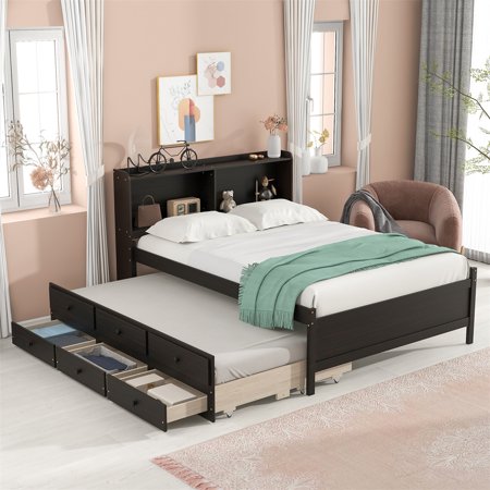 Platform Bed with Bookcase Headboard  Wood Full Size Platform Bed Frame with Trundle & 3 Storage Drawers  Multifunctional Full Bed with Wood Slats Support for Girls Boys  No Box Spring Needed Espresso