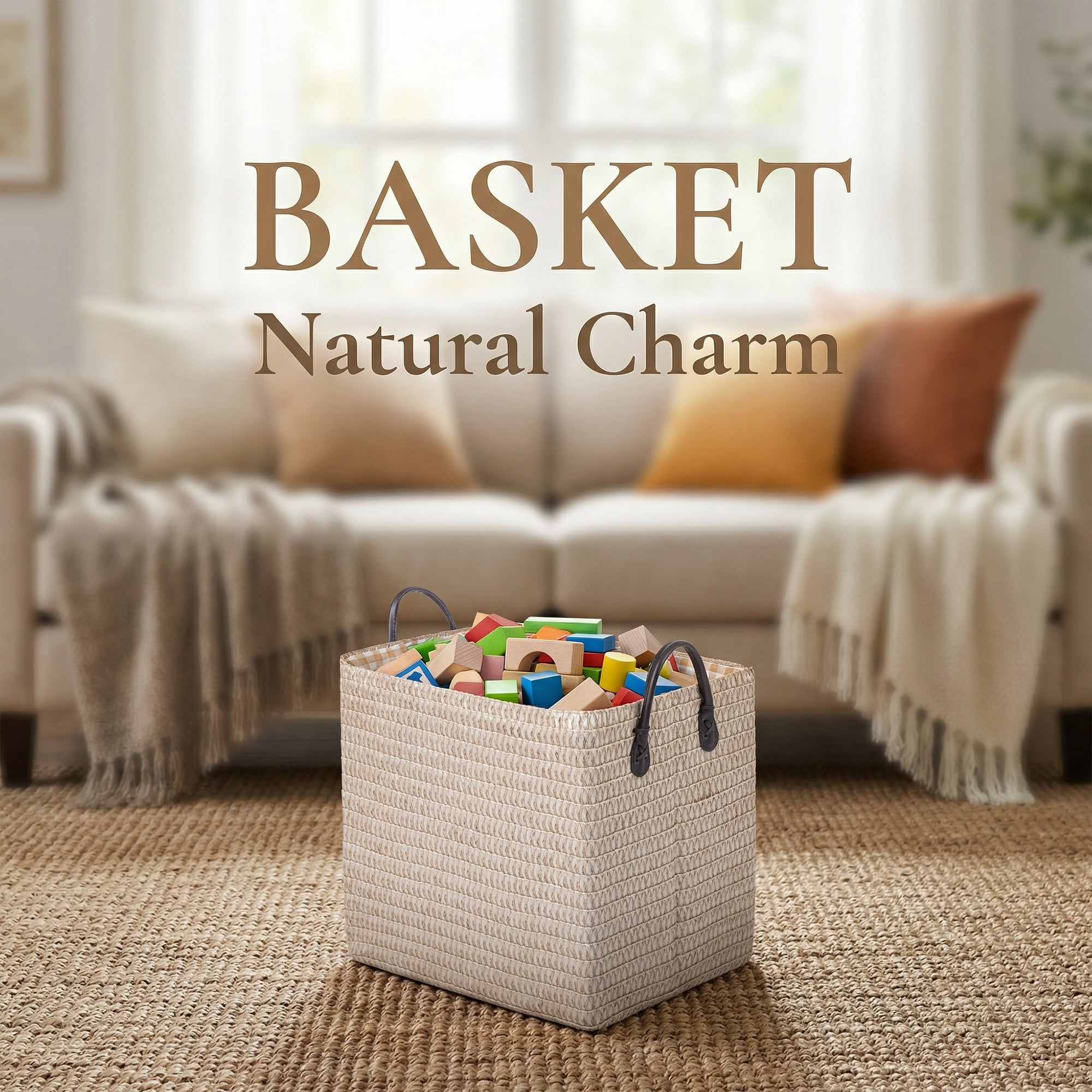 Unique Bargains Compactable Woven Storage Basket Storage Bin Beige 11.8*9.1*11.4in