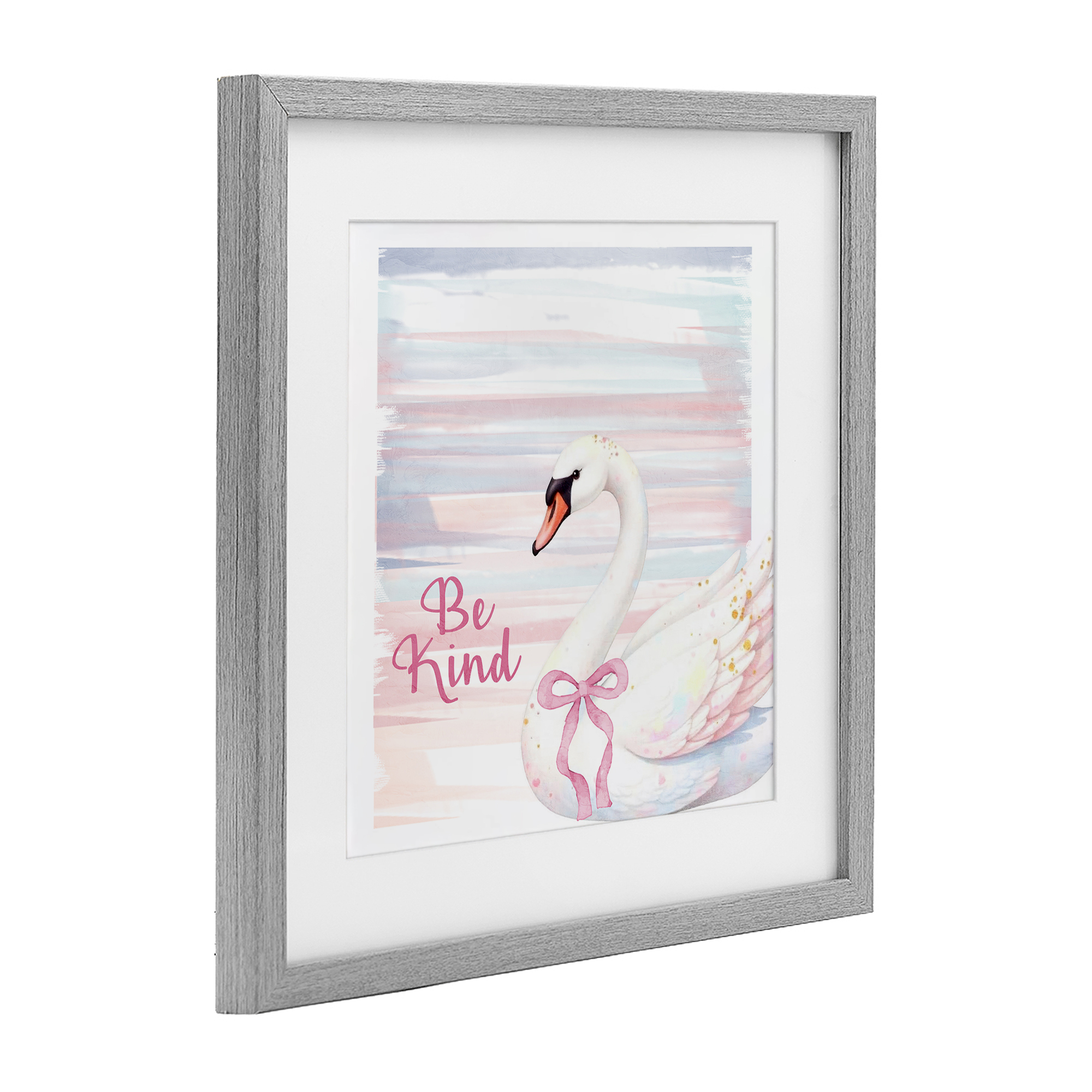 Be Kind Pastel Swan Gray Framed Print Under Glass, design by Kim Allen