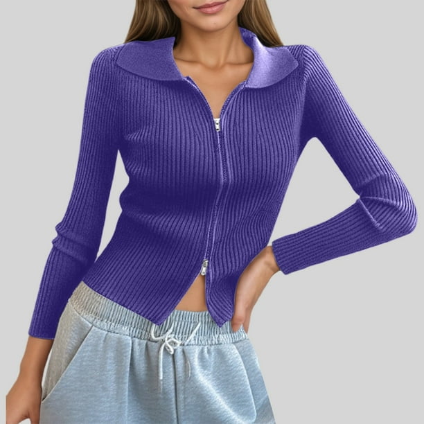 MHFRRA Cárdigan de Punto Acanalado con Doble Cremallera para Mujer, Top Corto Ajustado con Cuello Púrpura