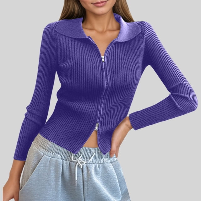 MHFRRA Cárdigan de Punto Acanalado con Doble Cremallera para Mujer, Top Corto Ajustado con Cuello Púrpura