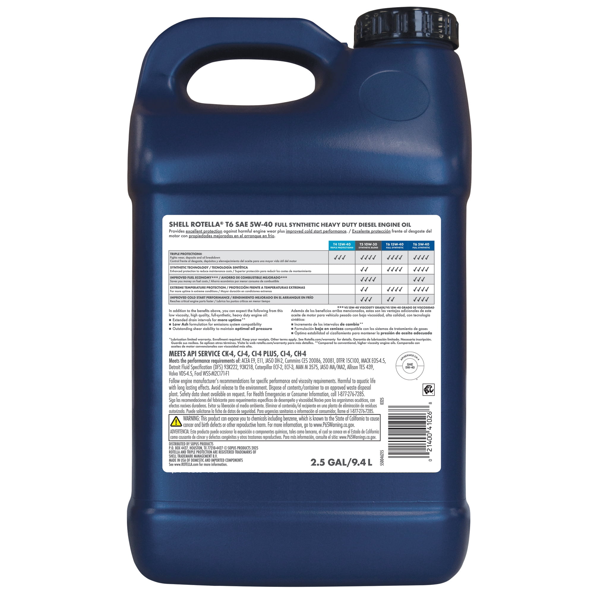 Shell Rotella T6 Full Synthetic 5W-40 Diesel Engine Oil, 2.5 Gallon