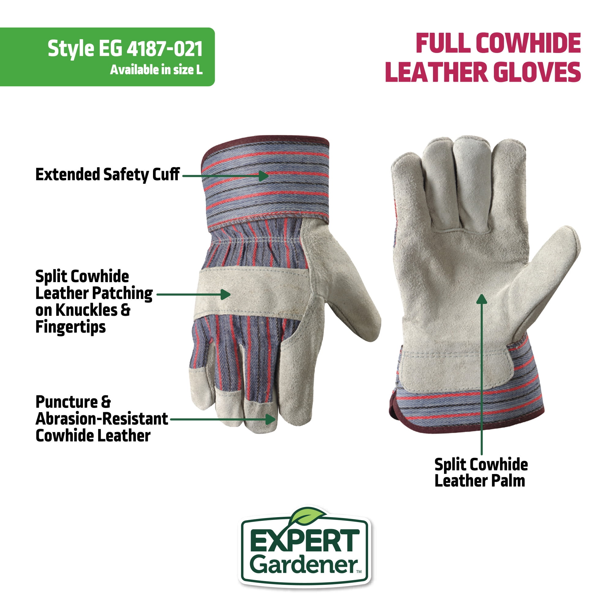 Expert Gardener Mens Palm Leather Gardening Gloves, Size L