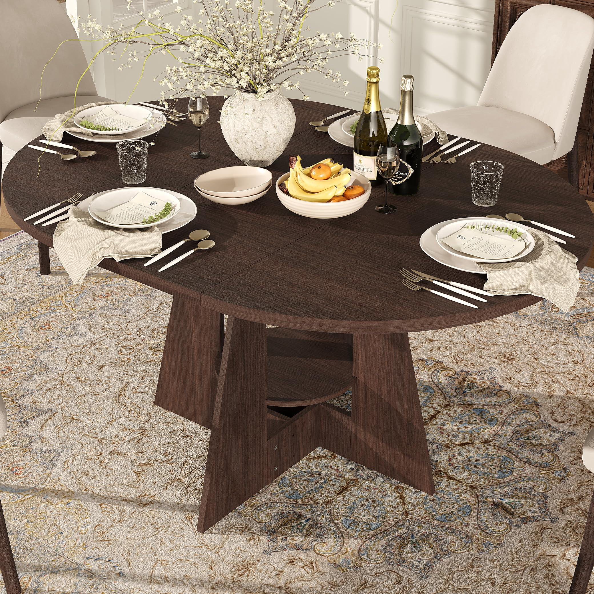 Farmhouse Extendable Round-to-Oval Dining Table, Sliding Rail Extension ...