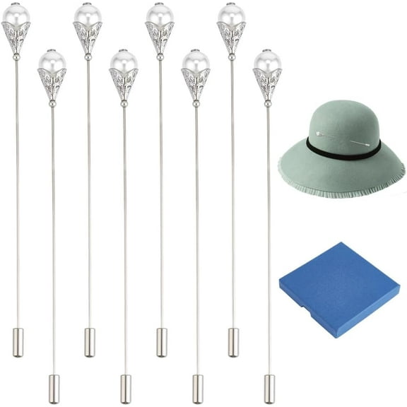 8Pcs Pearl Hat Pin Plastic Imitation Pearl Brooch Platinum Brass Pin Stick Vintage Safety Pins Brooches