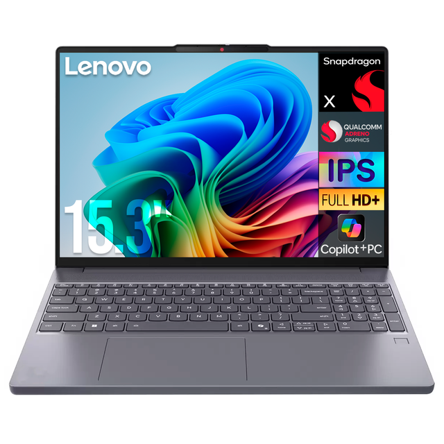 laptop ai pc lenovo ideapad slim 3 15q8x10 snapdragon x 16gb lpddr5x 512gb ssd pantalla 15.3" ips fhd+ copilot+ pc npu 45 tops windows 11 teclado ingles frontal centrada de la Lenovo IdeaPad Slim 3 en gris, pantalla 15.3" IPS WUXGA 16:10 con gráfico colorido, teclado chiclet retroiluminado en distribución inglés y touchpad amplio; lector de huellas visible junto al reposamanos y logos de Snapdragon, Adreno, IPS y Copilot+ en la esquina de la pantalla; conectividad Wi‑Fi 7 y audio Dolby Audio para videollamadas y multimedia; también adecuada para transporte en viajes de trabajo.