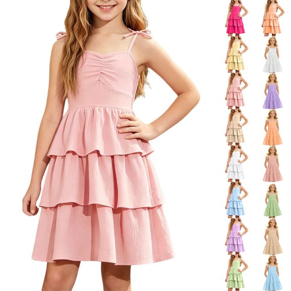 Bmisegm Girls Party Dress Elegant Backless Strap Design Solid Color Cake Dress for Big Kids without Sleeves Midi Dress for Summer 5-14 Years 01_Pink,11-12 Years