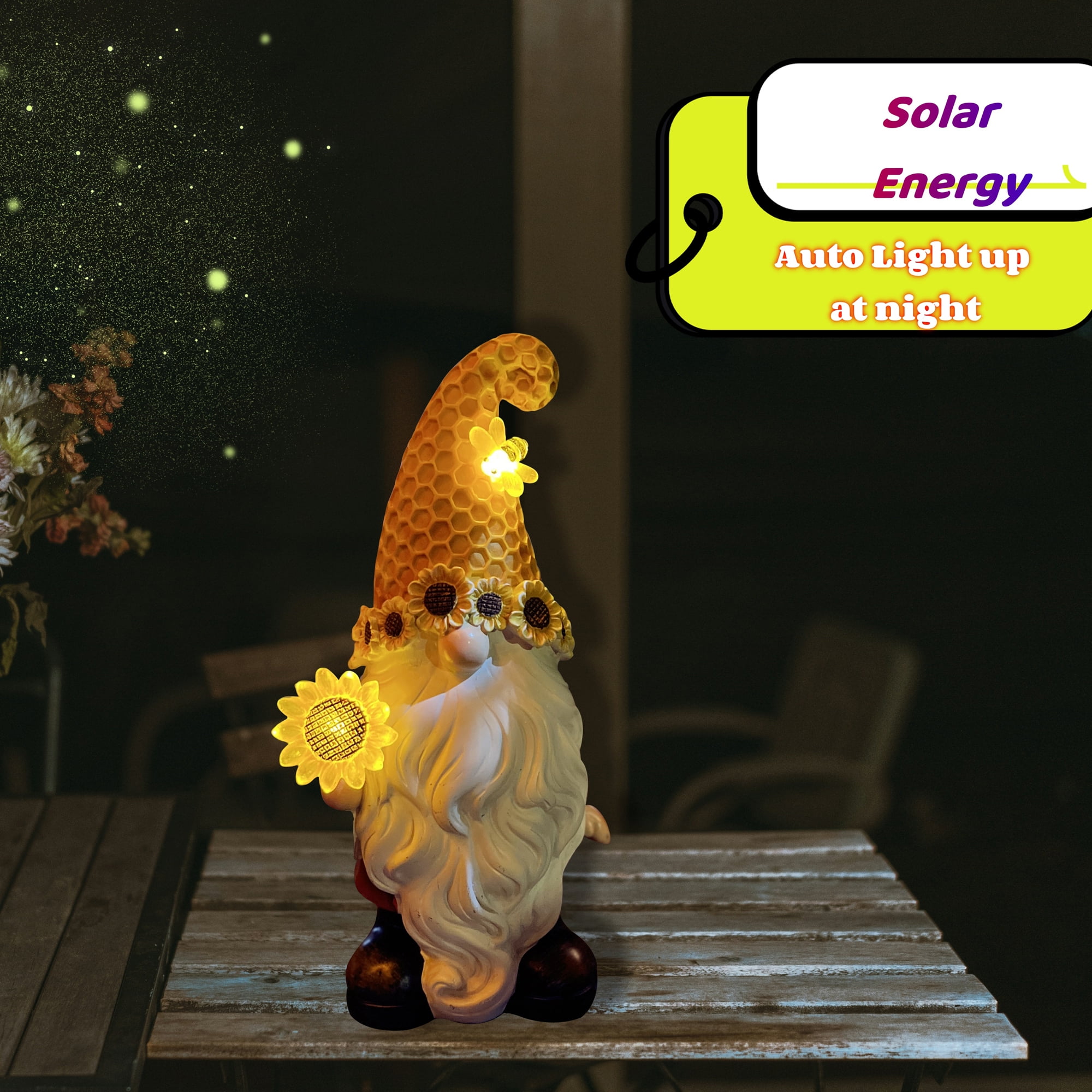 Solar Garden Decor Resin Gnome Statue Sunflower Gnome Sculptures for Harvest Festival Christmas New Year Housewarming Gifts Outdoor Outside Decorations for Yard Patio Garden Lawn