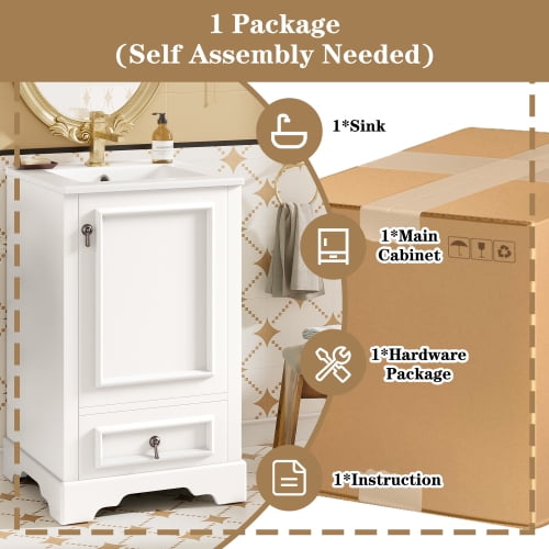 20 Inch Bathroom Vanity with Undermount Ceramic Sink  Free-standing with Soft-Close Doors and Drawers,Adjustable U-Shaped Shelf