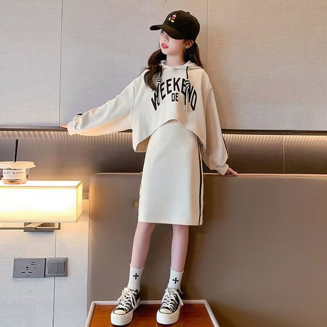 Conjunto de dos piezas con capucha y falda para niña, vestido infantil grande, sudadera de moda para niña, primavera