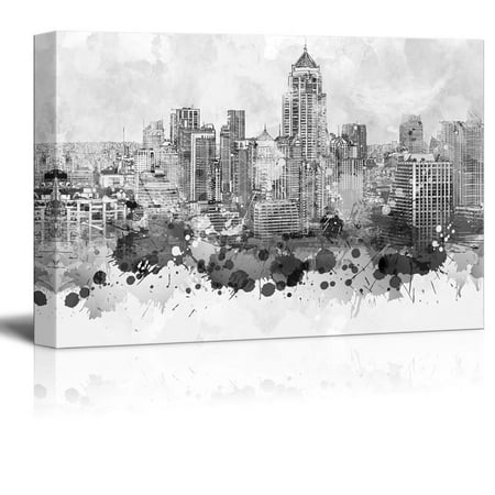 wall26 - Black and White City of Bangkok in Thailand with Watercolor Splotches - Canvas Art Home Decor - 32x48