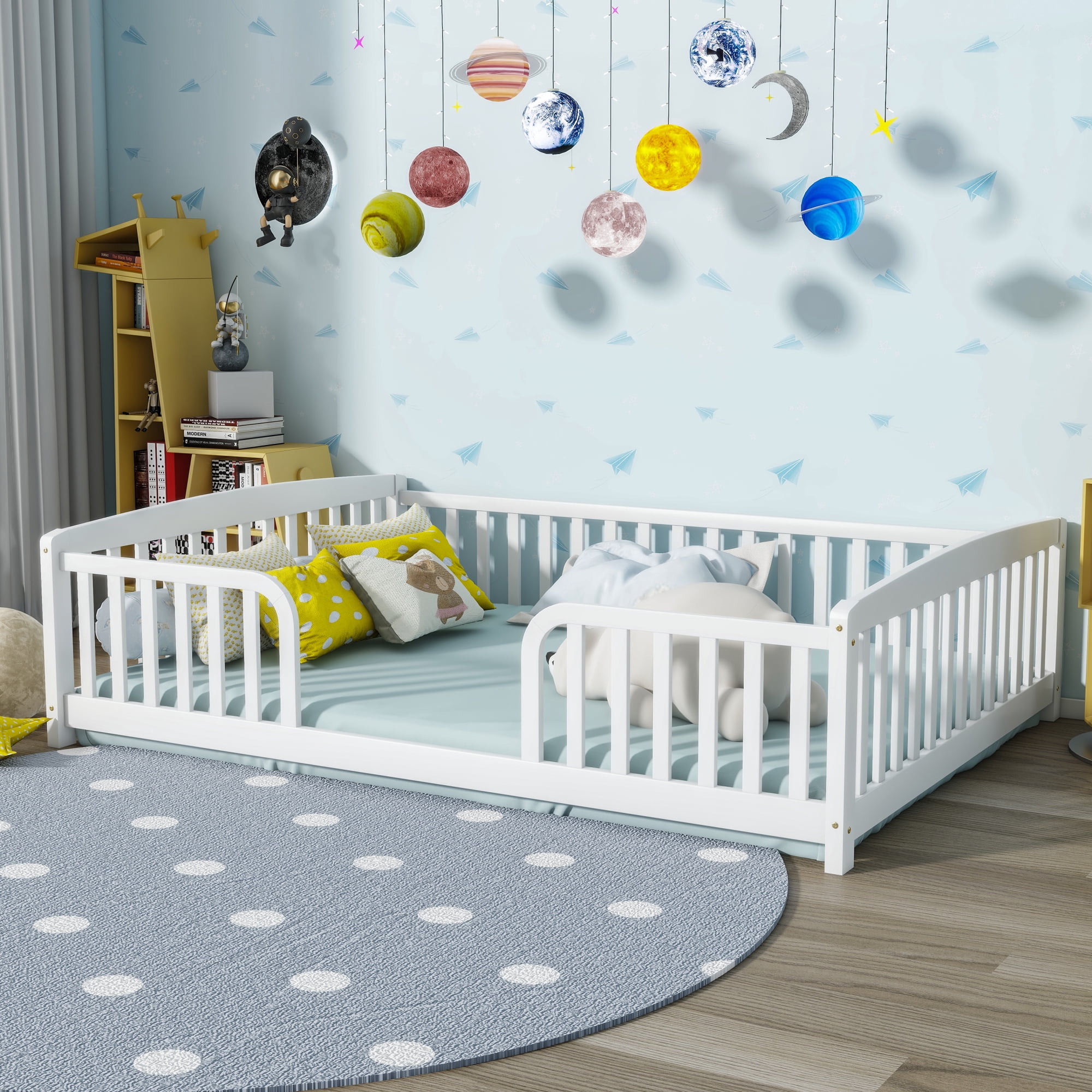 Jopath Full Size Floor Fence Bed with Central Entrance,Pine Wood Floor bed with Guardrails for Boys Girls White