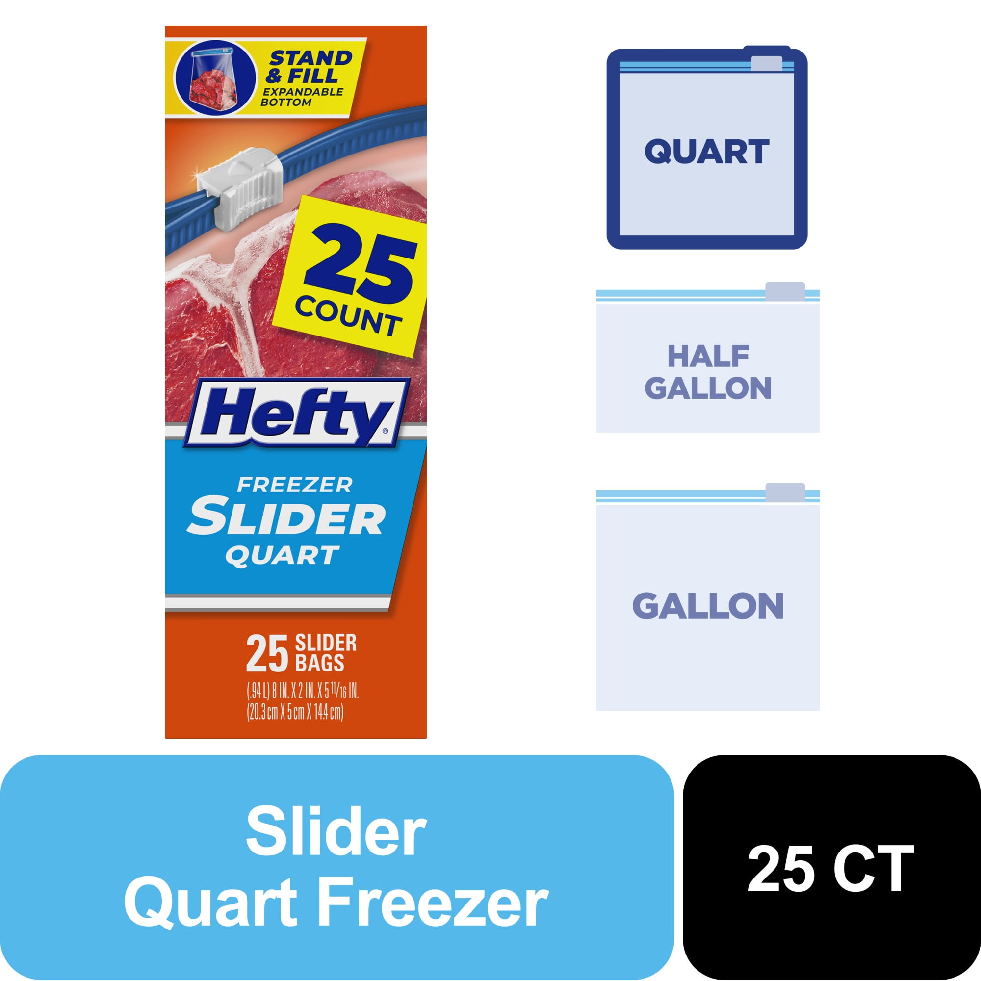 (4 pack) Hefty Slider Freezer Kitchen Storage Bags, Quart Size, 25 Count
