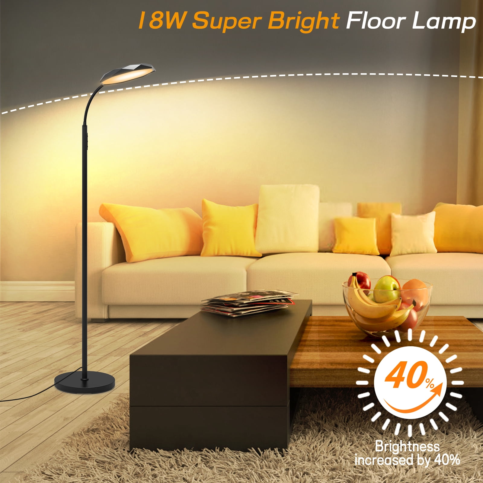 Floor Lamp, 18w 1800lm Super Bright Led Floor Lamps for Living Room,Stepless Dimmable Modern Floor Lamp 2700k-6500k, Reading Standing Tall Floor Lamps for Bedroom Office
