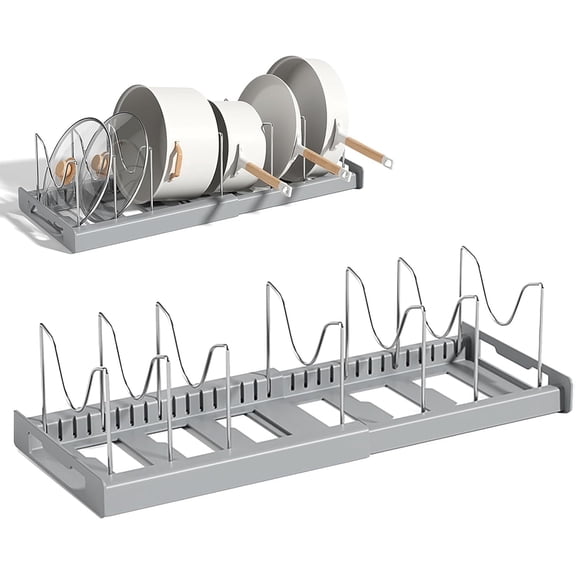 DEGUO Expandable Pot Lid Rack with Adjustable Dividers, Under Cabinet Pot and Pan Organizer for Kitchen Storage of Cutting Boards, Bakeware, Pot Lids, Gray