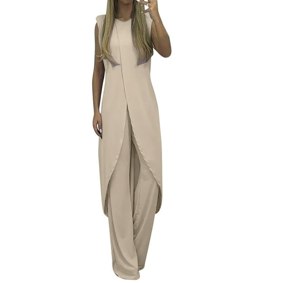 Baberdicy Women's 2 Piece Trendy Outfits 7 Colors Mature Women Suit Suit for Women Summer Slit Sleeveless Loose Blouse and Wide Leg Pants Set 2023 Fashion Trending Now Sweatsuits Beige S-4Xl