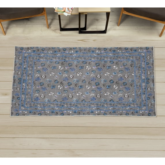 Floral Decorative Rug, Summer Themed Paint Brush Drawn Abstract Botanical Meadow Nature Themed, Quality Carpet for Bedroom Dorm and Living Room, 6 Sizes, Dimgray and Sky Blue, by Ambesonne