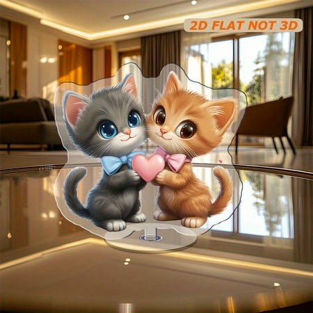 

Rotating acrylic display featuring two adorable kittens one gray with a blue bow and one brown with a pink bow making heart symbols
