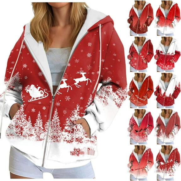 TTUHYWXI Womens Christmas Zip Up Hoodies Long Sleeve Sweatshirts Fall Outfits Oversized Sweaters Casual Fashion Jackets (Hot Pink, S)