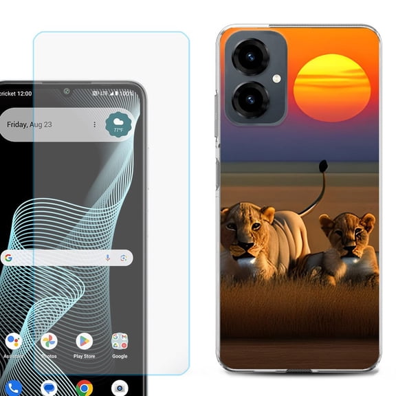Shockproof Phone Case for Cricket Icon 2026, with Screen Protector, by OneToughShield - Lion Sunset