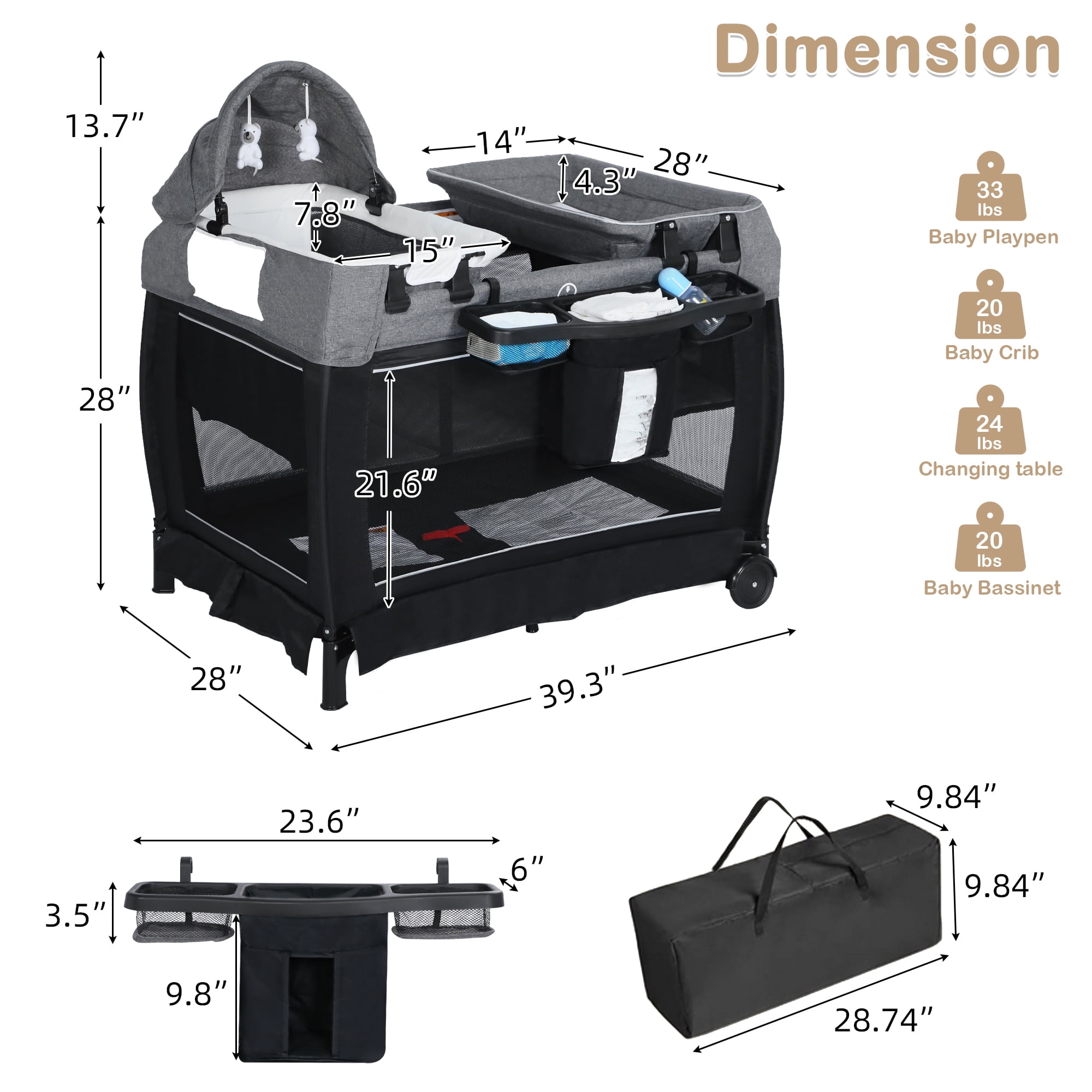 AILEEKISS 3-in-1 Foldable Baby Playard with Bassinet and Changing