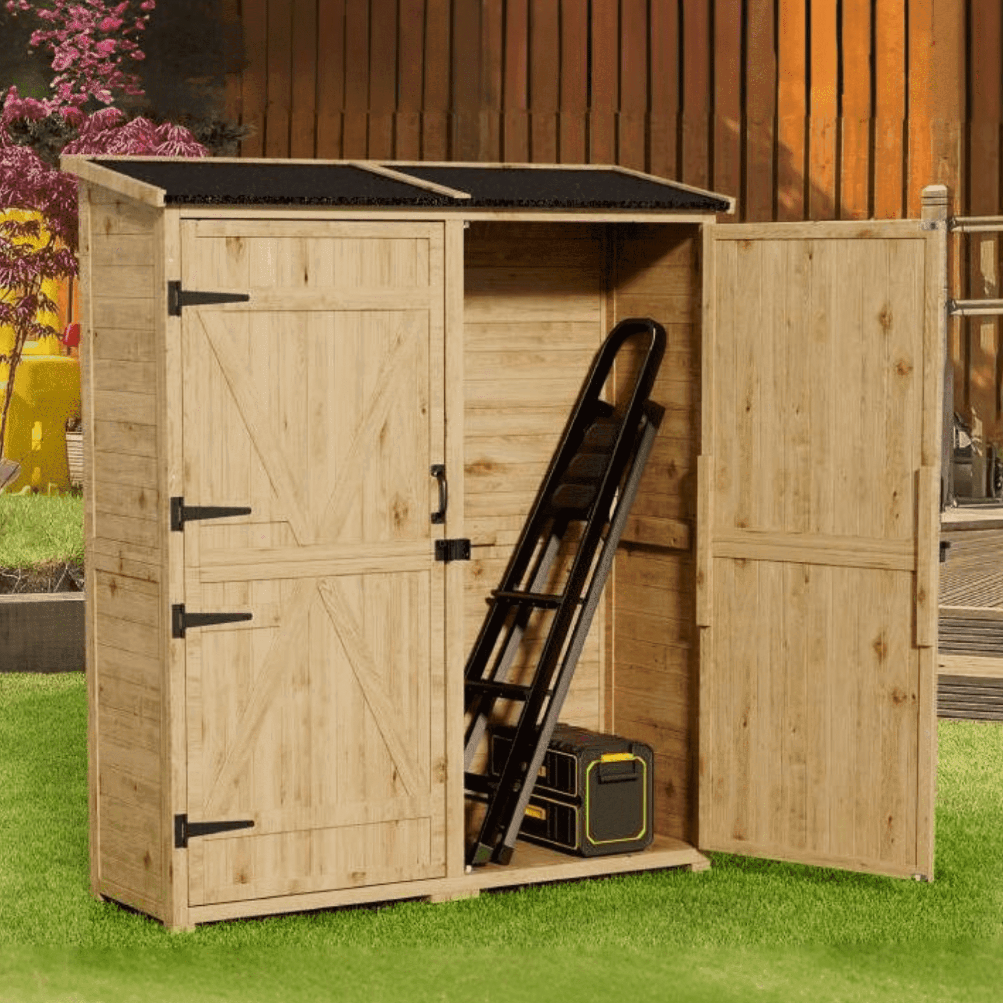 Outdoor Storage Shed, Lofka Wooden Storage Cabinet with Waterproof Roof and 2 Removable Shelves Garden Shed for Backyard, Patio, Lawn