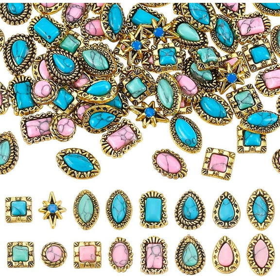1 Box 64 Pcs 16 Styles Turquoise Nail Charms 2 Colors Vintage Turquoise Nail Charms Star Round Oval Shaped Retro Nail Charms for Women DIY Nail Art Decoration Pink & Blue