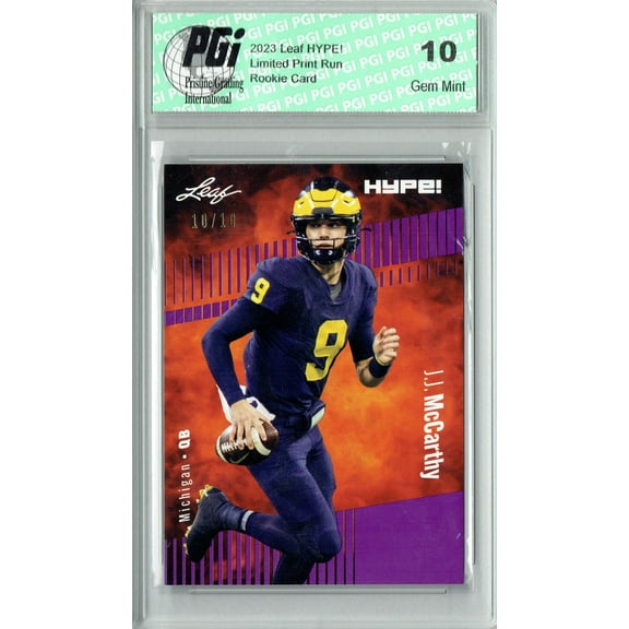 J.J. McCarthy 2023 Leaf HYPE! #122 Purple SP, Just 10 Made Rookie Card PGI 10