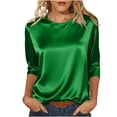 thumbnail image 3 of VBVC Women's Crew Neck 3/4 Sleeve Satin Blouse , Ladies' Glossy Silky Dressy Top , Elegant Office Casual Shirt For Women,Green,S-2XL, 3 of 10