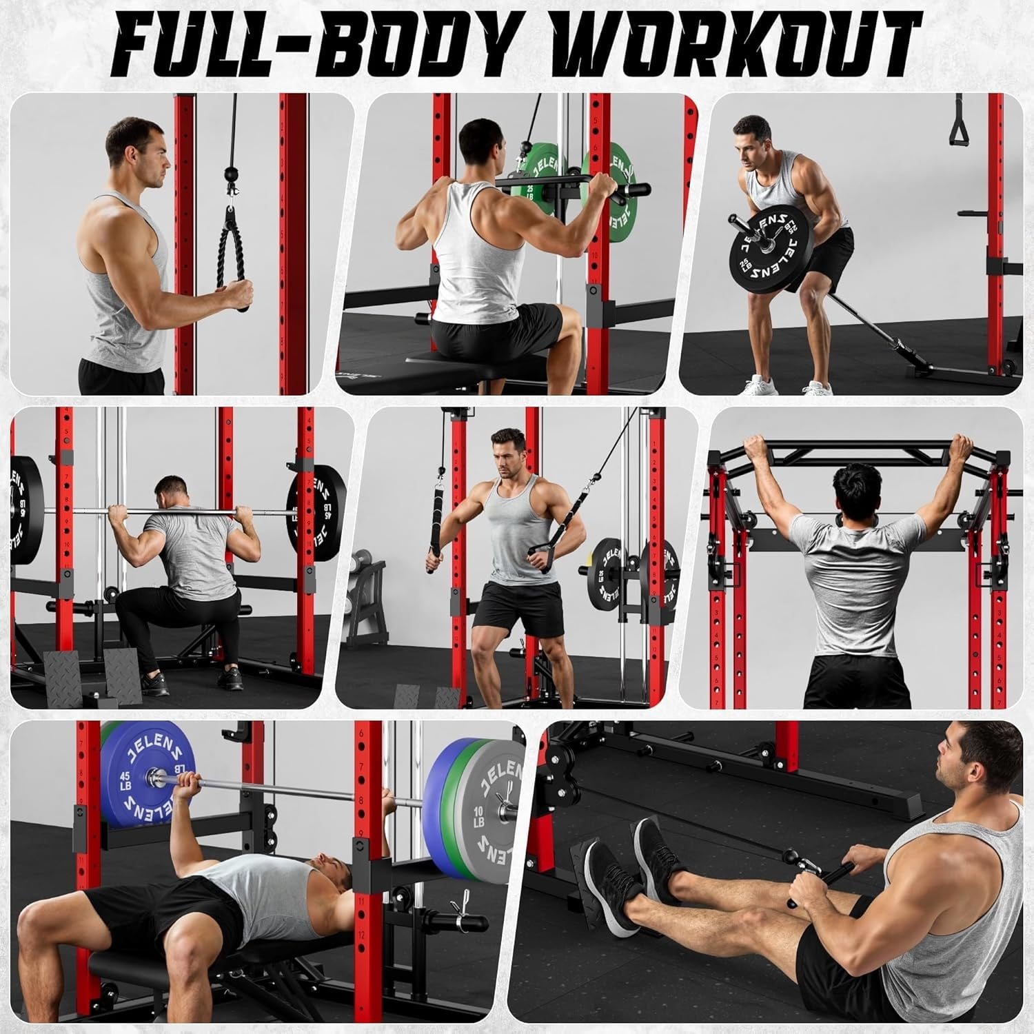 Squat Rack for Home Gym, 2000LBS Power Rack with Adjustable Pulley System, Power Cage Workout Equipment with LAT Pulldown and Training Attachment