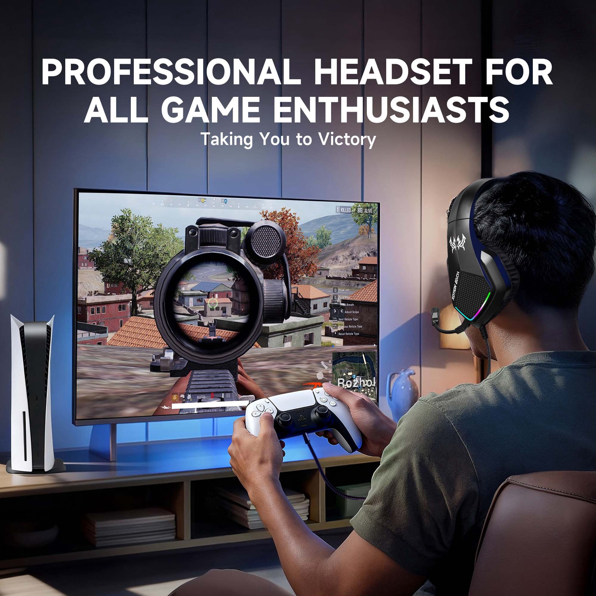 Gaming Headset for PS5, PS4, Xbox Series X/S, Xbox One, PC, Wired Over Ear Gaming Headphone with Noise Canceling Mic & Stereo Bass Surround Sound & LED Light - Black