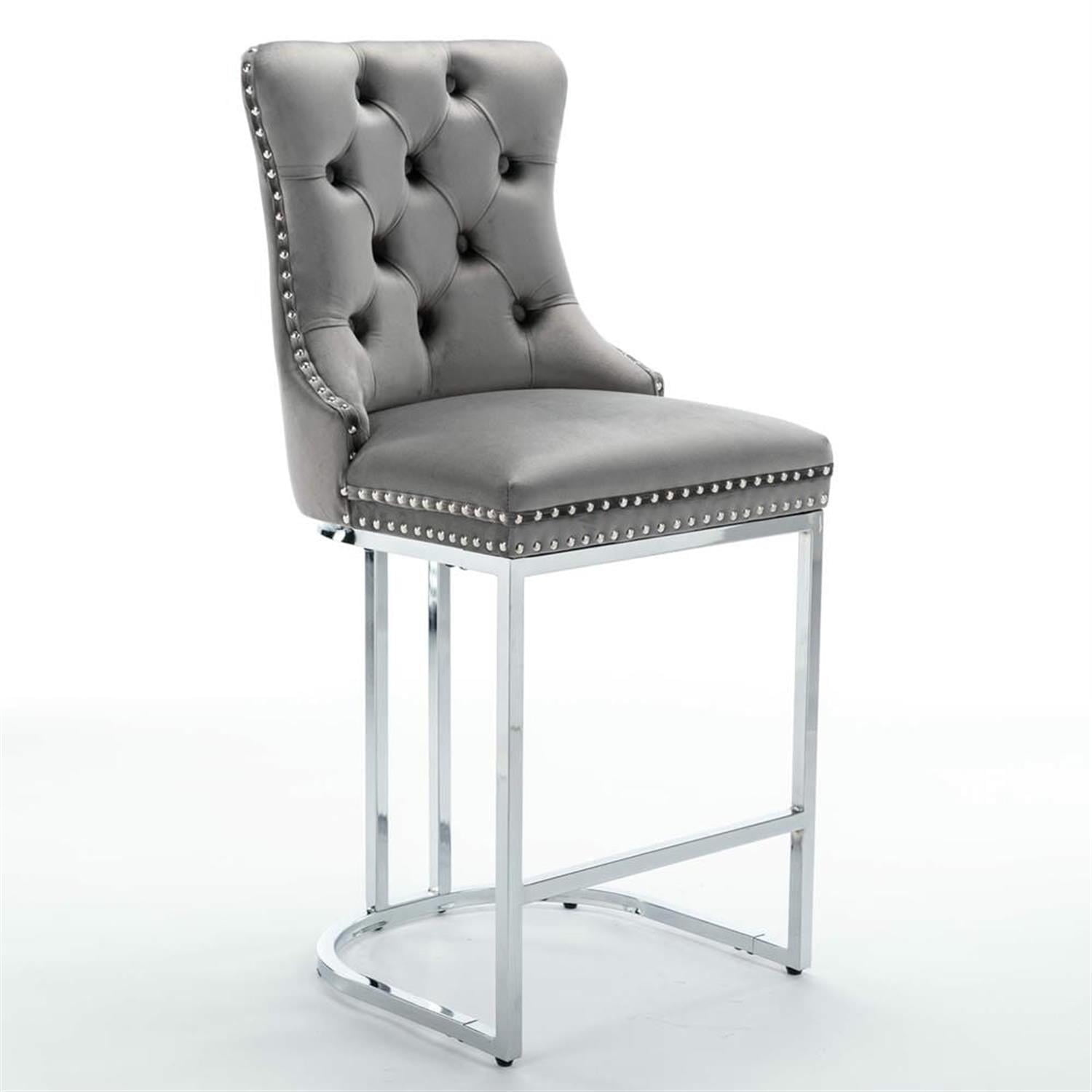 Demi Bonn 39" Counter Height Bar Stools Set of 2, Velvet Barstools with Button Backrest, Kitchen Island Countertop Chairs for Dining Room, Gray