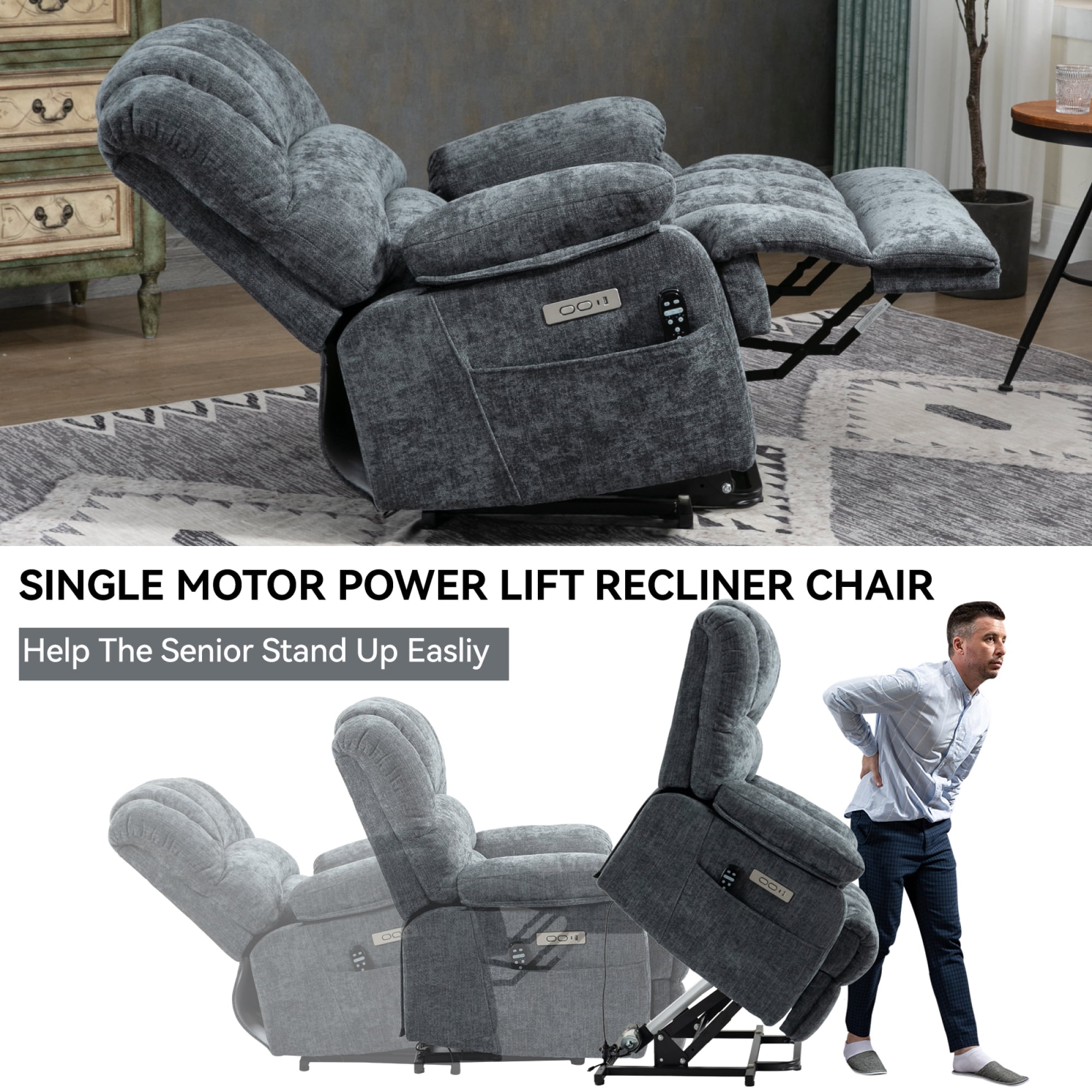 Leumius Power Lift Recliner Chair for Elderly with Vibration Massage and Lumbar Heating,23.5" Extra Wide Single Sofa with High Back,Side Pocket,USB Charge Port for Living Room,Blue-gray