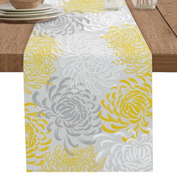 nqOlkjepod Yellow White Table Runner 36 Inches Long Farmhouse Dress Scarves, Abstract Grey Chrysanthemum Flower Floral Dining Tablerunner for Coffee Table/Kitchen Island/Party Décor, Small 13" x 36"