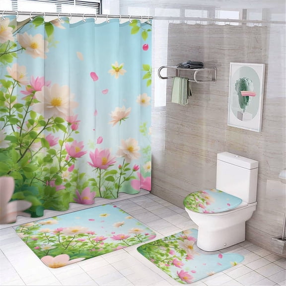Spring Blossoms And Falling Petals Shower Curtain Bathroom Sets Toilet Lid Rug, Bath Mat And Contour Mat, Shower Curtain 4Pcs