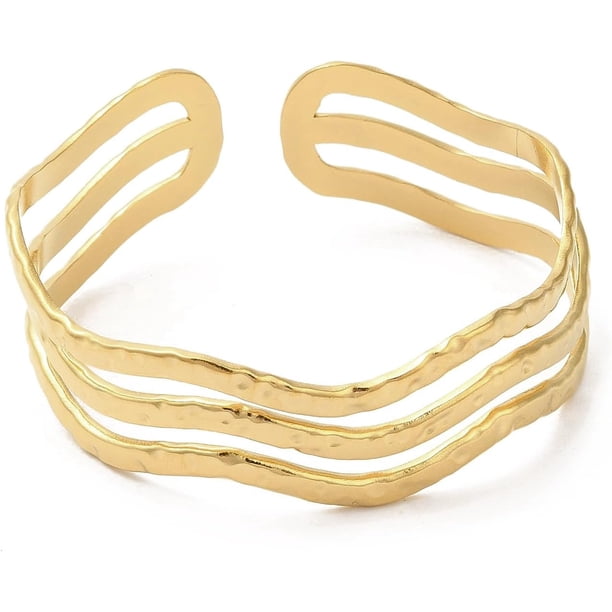 1 Brazalete abierto ondulado de acero inoxidable 304 para mujer, con baño de oro de 18 quilates.