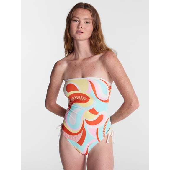 No Boundaries Groovy Printed Bandeau One Piece Swimsuit with Side Cinch, Women’s XXS-XXL
