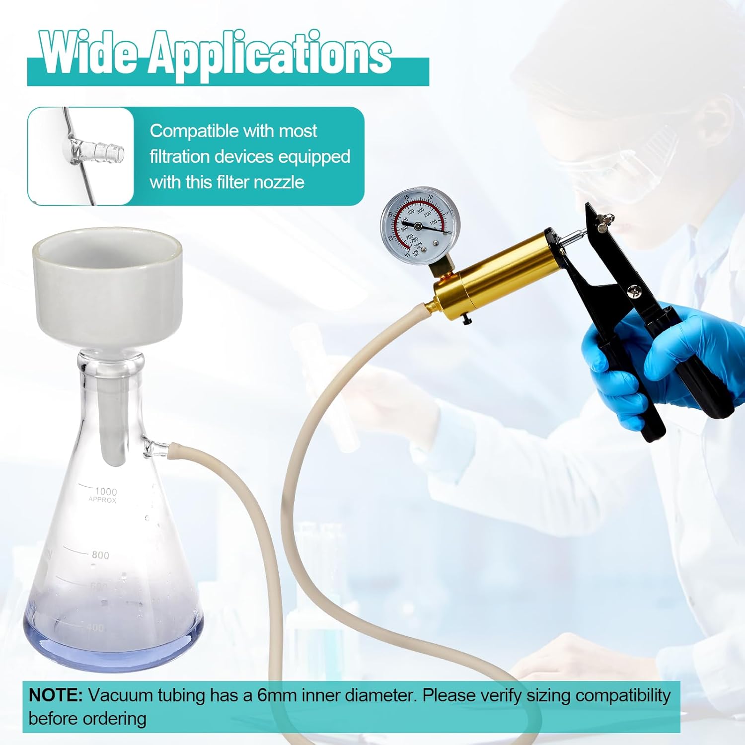Metal Hand Vacuum Pump with Gauge, 1 Meter/39 Inch Tube and Black Rubber Grip, for Laboratory Filtration