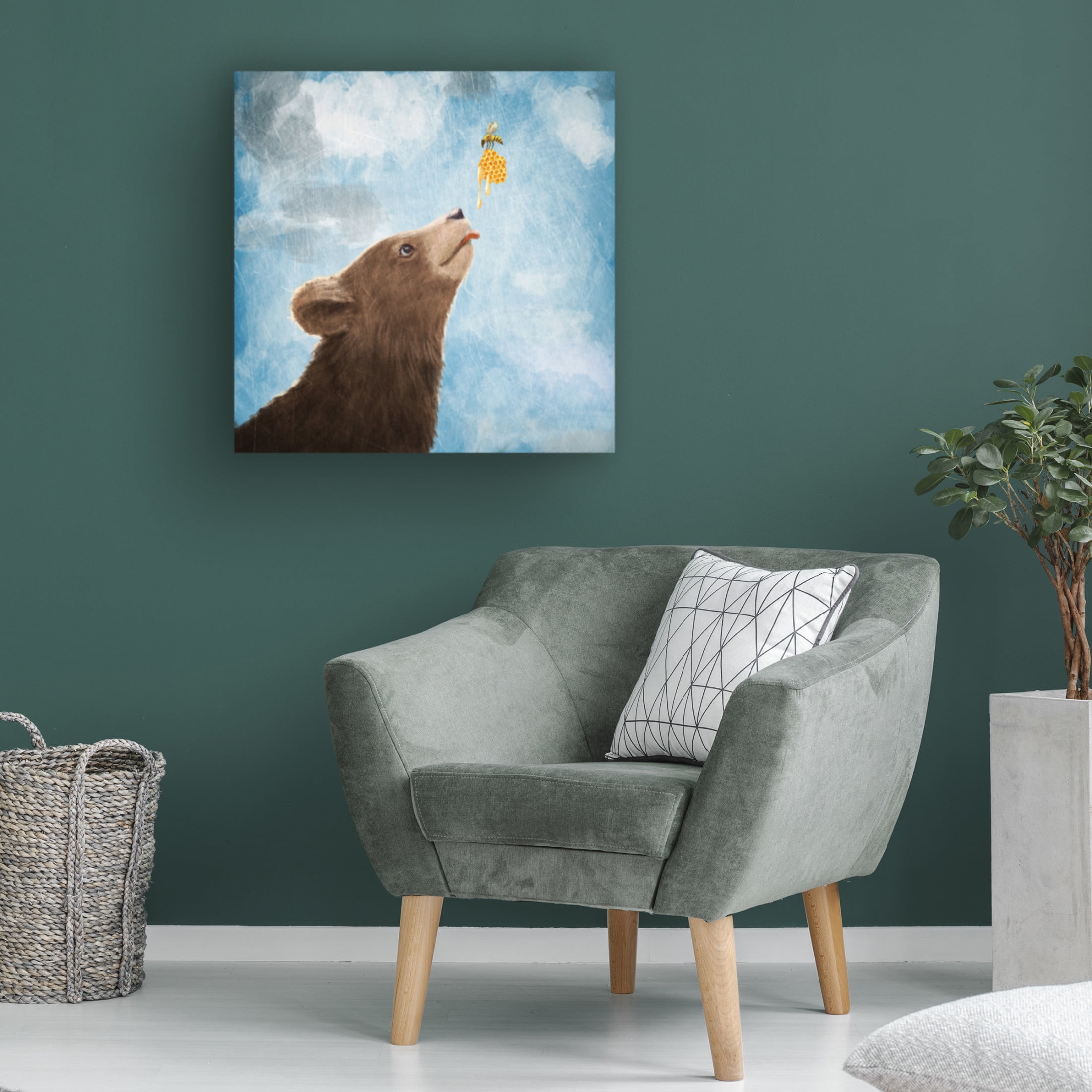 Canvas Wall Art - Paula Belle Flores 'Bear Cub and Bee with Honeycomb' Wall Art for Living Room, Bedroom, or Office Décor by Trademark Fine Art - 18 x 18 Inches