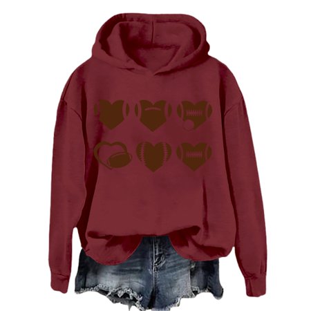 Holzkary Game Day Hooded Sweatshirt for Women Fashionable Round Neck Casual Letter Printed Long Sleeve Top Sweatshirt Funny Football Graphic Shirt Long Sleeve Game Day Pullover Hoodies Wine Xxl