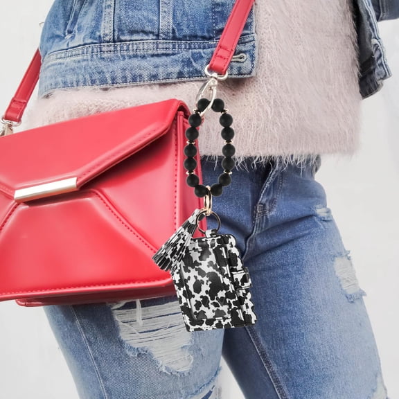 WHAMVOX Silicone Beading with Tassel Key Ring Purse Cow Grain Keychain Small Wallet PU Card Holder Pouch for Everyday Use and Special Occasions