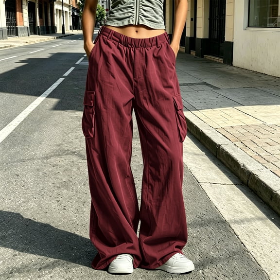 Cagogo Women Plus Size Wide Leg Cargo Pants Elastic Waist Casual Solid Streetwear Loose Long Trousers with Pockets Travel Work Lounge, Wine L