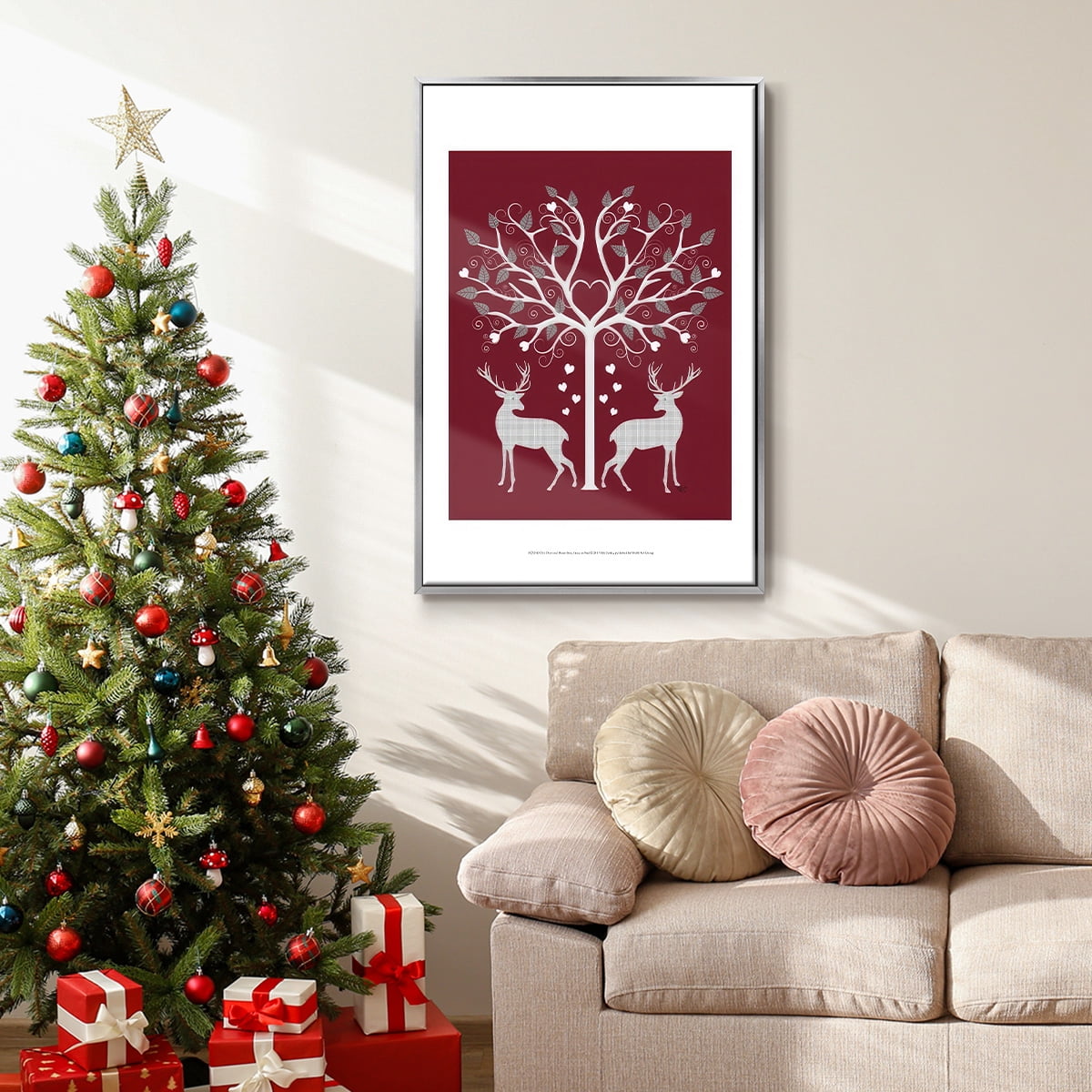 Christmas Des - Deer and Heart Tree, Grey on Red - Framed Gallery Wrapped Holiday Canvas - 25 x 37 - Silver Frame
