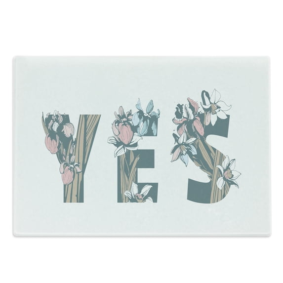 Yes Cutting Board, Calligraphic Concept of Garden Themed Floral Lettering on a Plain Background, Decorative Tempered Glass Cutting and Serving Board, in 3 Sizes, by Ambesonne
